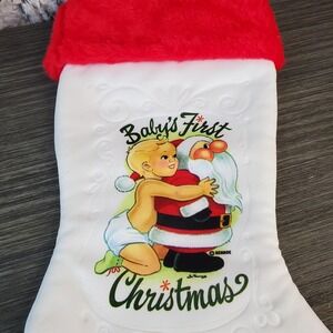 Vtg Baby's First Christmas Red/White RENNOC Stocking Featuring Jim Timmons Art